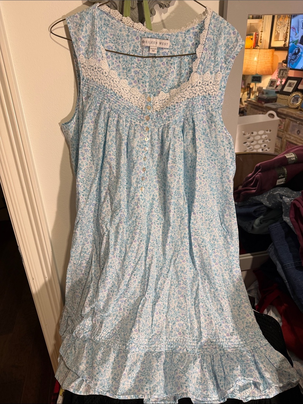 Eileen West Blue and White Floral Lace-Trim Nightgown